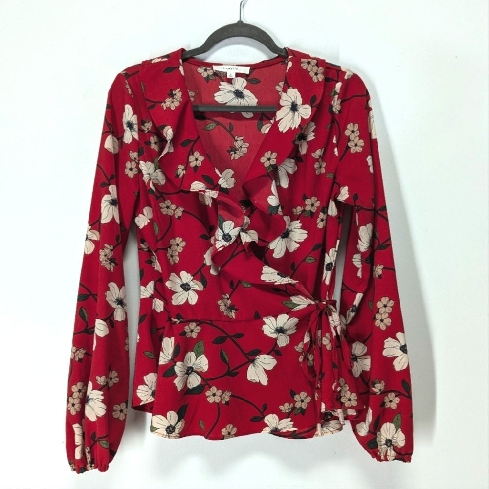 Lydelle Wrap Top Red with Dogwood Flowers L Peplum Lightweight Office V Neck